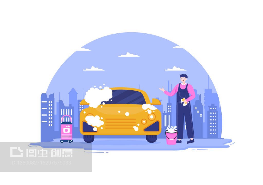 洗車服務(wù)平面設(shè)計插圖 工人用海綿、肥皂和水清洗汽車的視覺魅力